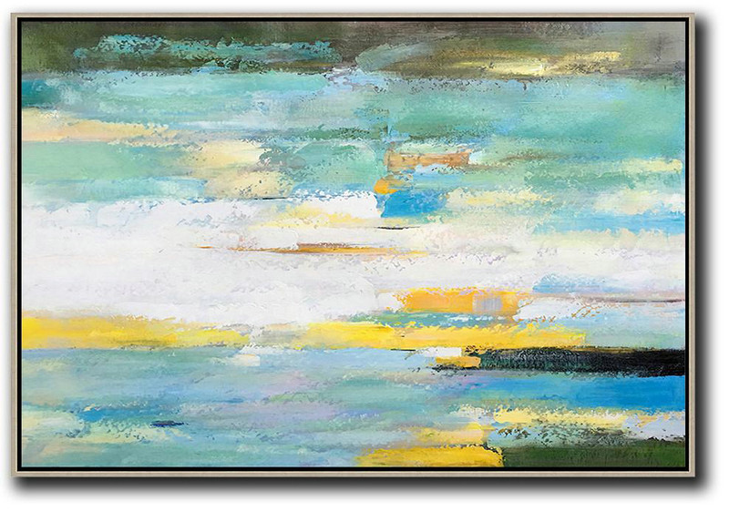 Extra Large Canvas Art,Oversized Horizontal Abstract Landscape Art,Modern Art Abstract Painting,White,Yellow,Light Green.etc